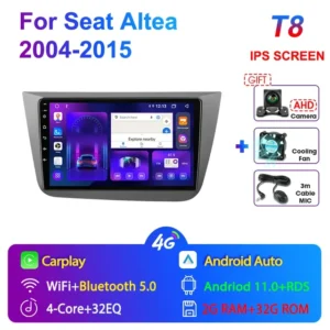 Pantalla para Seat Altea (2004-2015) y Toledo (2004-2009) con Android 12, CarPlay, GPS y Radio Multimedia 2 Din