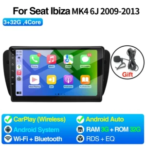 Pantalla para Seat Ibiza MK4 6J (2009-2013) con Android, GPS, Bluetooth, WiFi y Radio Multimedia de 9 pulgadas