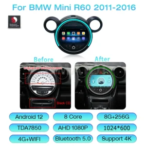 Pantalla Android 12 con GPS y Carplay para BMW Mini Cooper (R56, R57, R58, R60, 2007-2017) - Radio multimedia con conectividad 4G y DVD