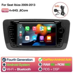 Pantalla para Seat Ibiza (2009-2013) con Android Auto, CarPlay, GPS, Bluetooth, WiFi y Radio Multimedia 2 Din