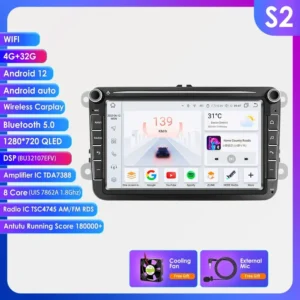 Pantalla para Volkswagen, Skoda y Seat con Android 12, CarPlay, GPS y Radio Multimedia 2 Din de 8 pulgadas