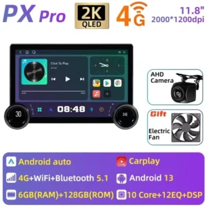 Radio Android 2DIN con Pantalla de 11.8" y 10 Núcleos | CarPlay, GPS, WiFi, y Ventilador Integrado | Navegación y Estéreo Multimedia