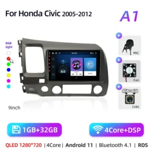 Pantalla para Honda Civic 8 (2005-2012), Radio Estéreo 2 DIN Android 12, 9 Pulgadas con GPS y 4G