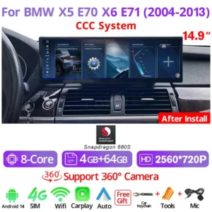 Reproductor Multimedia COREYES 12.3'' con Carplay, 4G y WiFi para BMW X5 E70/X6 E71 2007-2013, 8 Núcleos, CCC/CIC