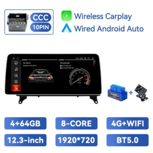 Reproductor Multimedia Android 14 con Pantalla IPS 12.3'' 1920x720, 4G LTE y GPS para BMW X5 E70/X6 E71, CCC/CIC, 6+64GB