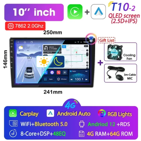 Srnubi-Radio Multimedia con GPS para coche, reproductor con Android 12, 2 din, 7, 9, 10 pulgadas, 4G, DVD, Carplay, estéreo, para Toyota, VW, Kia, Nissan, Honda, Lada, Ford - AliExpress 34 - Color : (10inch) T10-2-Fan