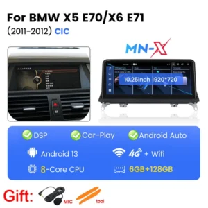 Reproductor Multimedia Inalámbrico Android 12 con GPS, Carplay, BT y DSP para BMW X5 E70/X6 E71 2007-2013, 2DIN, 6+128GB, CIC/CCC