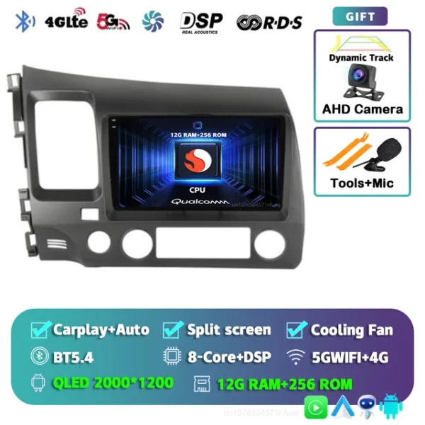 Radio con GPS para coche, reproductor Multimedia estéreo con Android 14, 4G, wifi, 48EQ, 2 din, Carplay, Qualcomm, para Honda Civic 8th 2005-2011 - AliExpress 34 - Color : 2K 12G-256G CAM