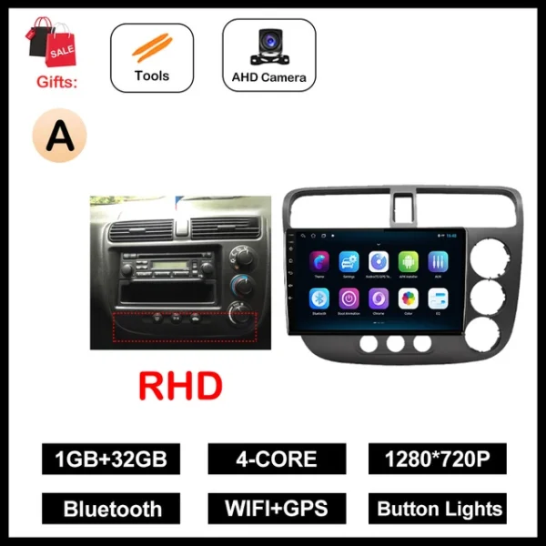 Radio con GPS para coche, reproductor Multimedia con Android OS, 9 pulgadas, pantalla táctil QLED, 4G, Bluetooth, WiFi, para Honda Civic 2000 - 2006 - AliExpress 34 - Color : (F2)A 1G 32G CAM