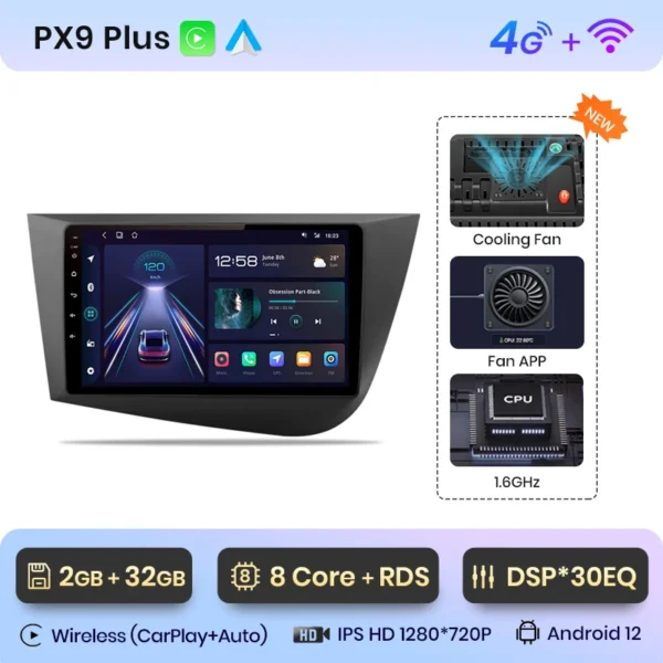 AWESAFE-autorradio PX9 para Seat Leon MK2 2005-2012, pantalla inalámbrica Carplay, Android, estéreo, GPS, Navi, FM, RDS, BT, SWC - AliExpress 34 - Color : 4G-WIFI 2GB-32GB CarPlay - Enviado desde : GERMANY