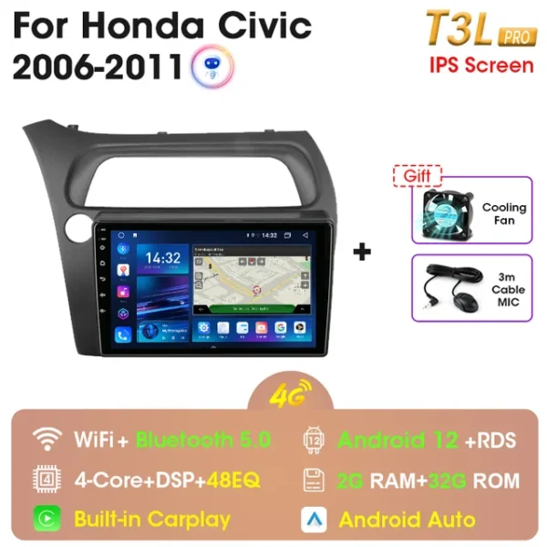 Radio Multimedia con GPS para coche, reproductor con Android 12, 2 Din, estéreo, DVD, unidad principal, altavoz, Carplay, para Honda Civic Hatchback 2006-2011 - AliExpress 34 - Color : T3Pro-MIC-FS