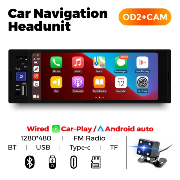 1DIN 6,86 pulgadas inalámbrico CarPlay Auto HD pantalla táctil reproductor multimedia Universal coche FM Radio estéreo MP5 BT USB TF puerto cámara - AliExpress  - Color : OD2-CAM003